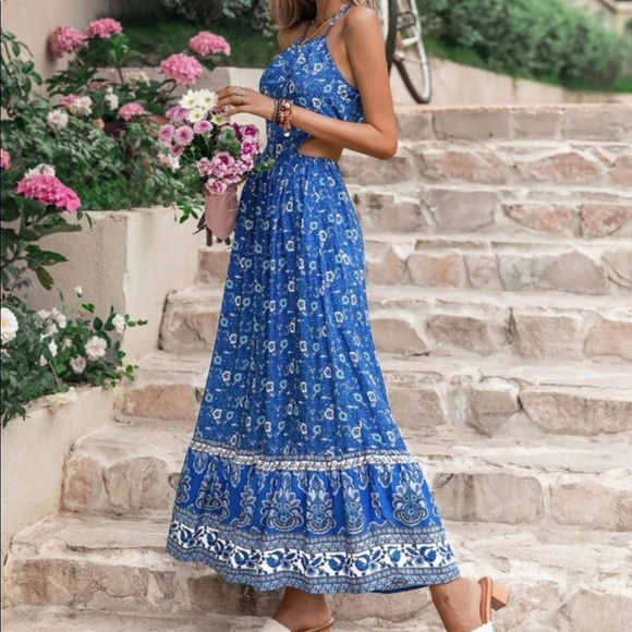 Boho Floral Paisley Print Cutout Halter Maxi Dress GREEN - Picture 10 of 13